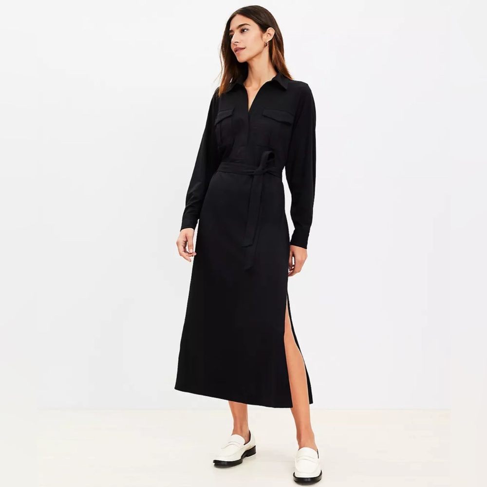 LOFT Black Long-Sleeve Midi Shirt Dress